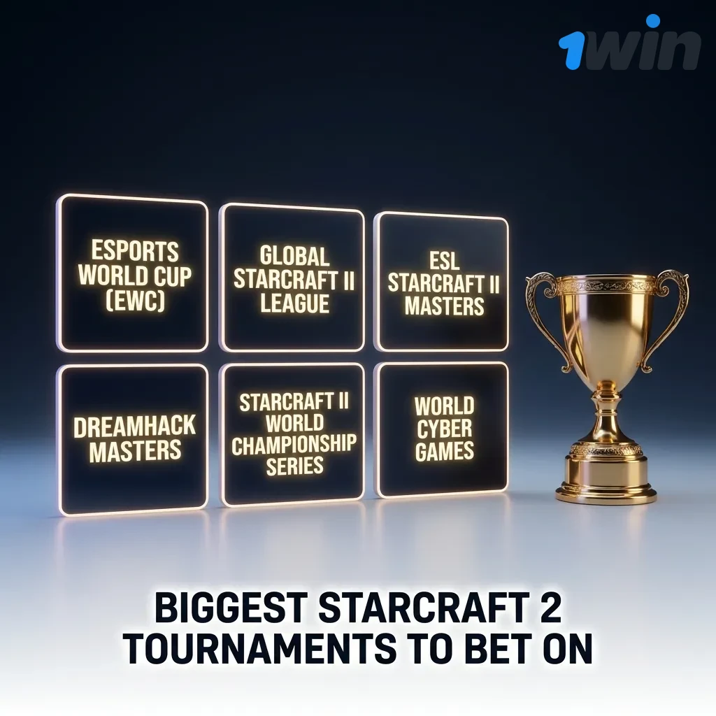 Professional StarCraft 2 tournament arena with players competing on stage under bright lights and large screens displaying gameplay