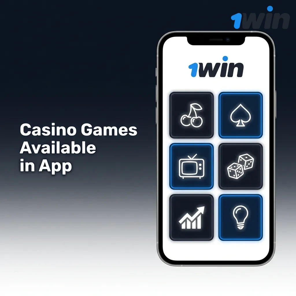 1win casino app interface showing selection of slots, live dealer games, and table games on iPhone screen
