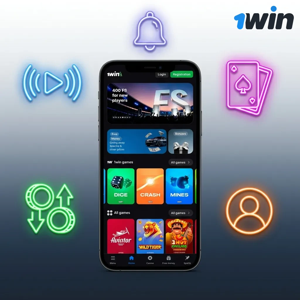 1win mobile app interface showing betting options, casino games, and Indian payment methods for players