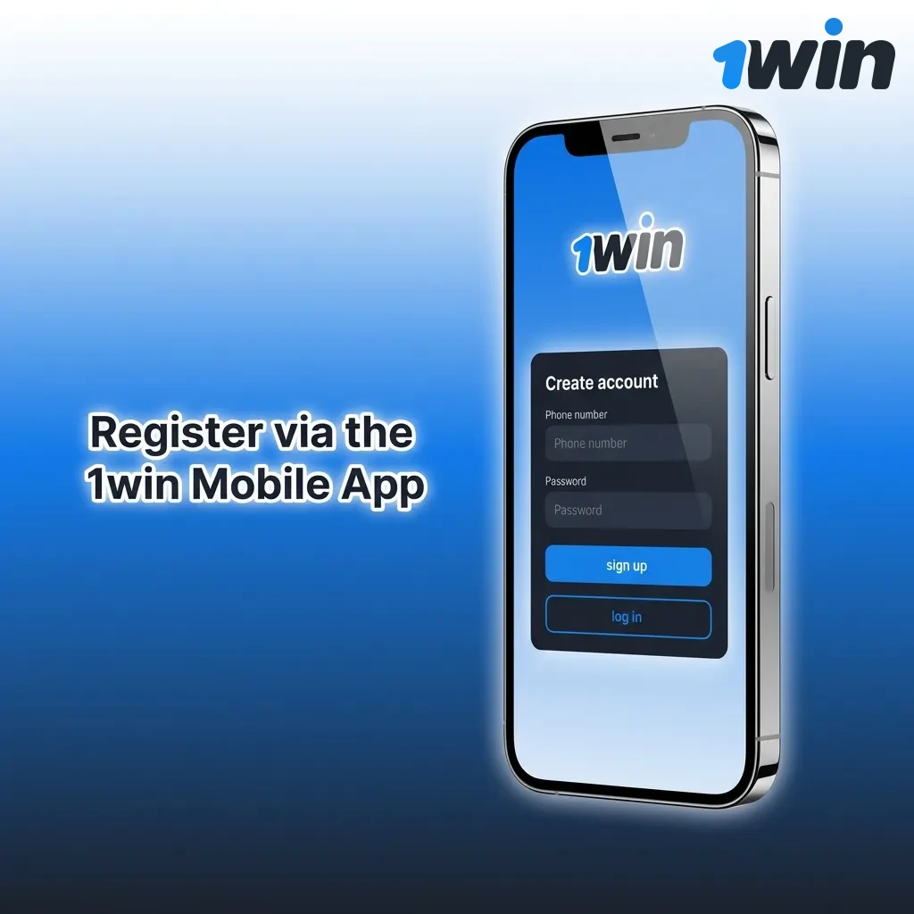 1win mobile app registration screen showing sign-up options including phone, email, and social media methods