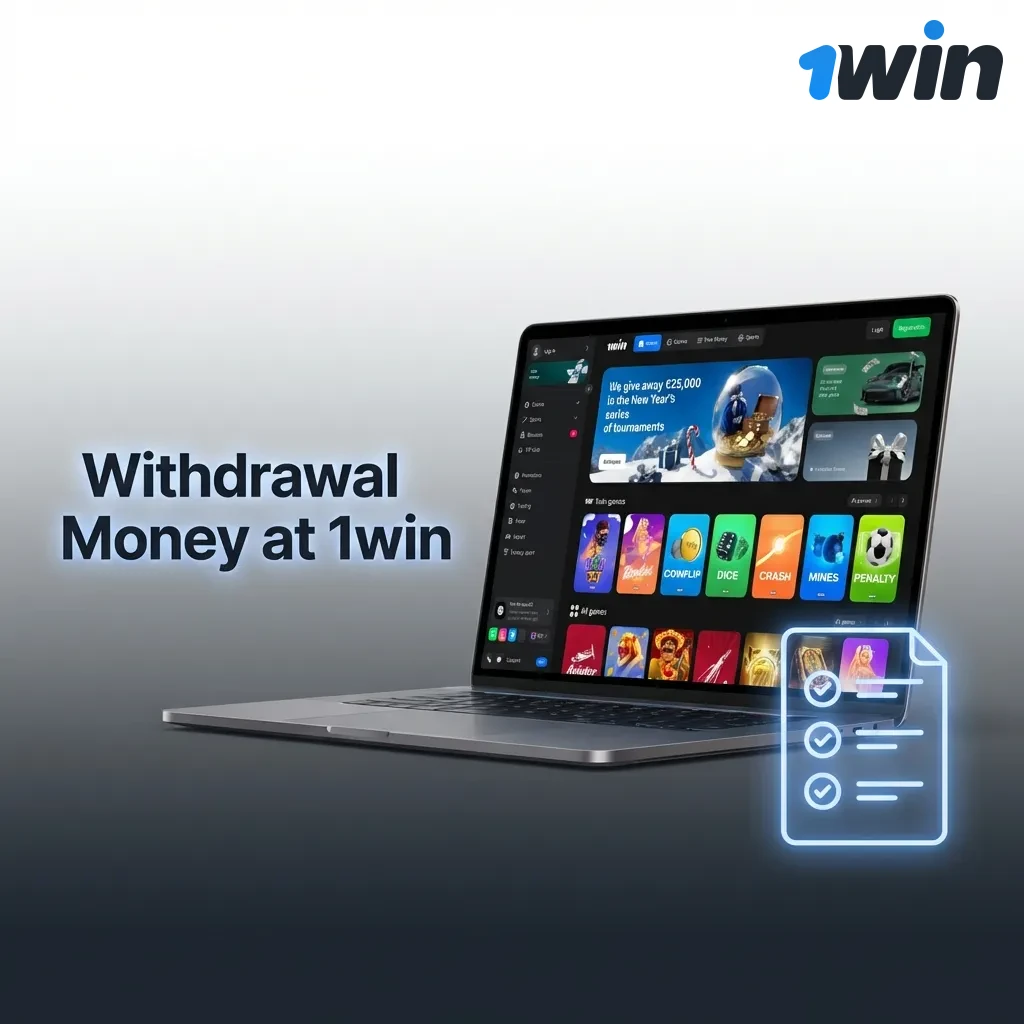 1win withdrawal process dashboard showing cash out button and payment method selection options